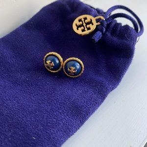 Tory Burch Logo Gold Navy Stud Earrings
